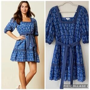 A Loves A Mixed Block Print 3/4 Sleeve Square Neck Belted Tiered Hem Dress XL